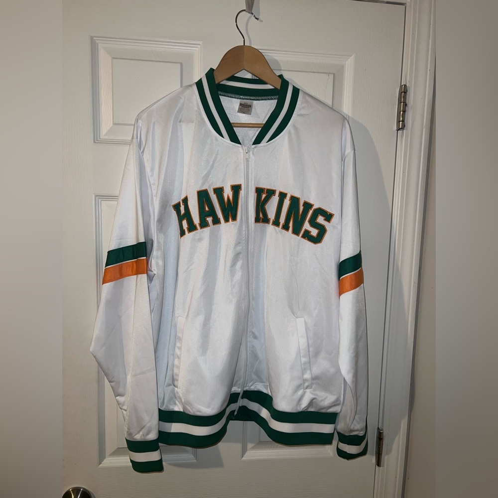 Hawkins White Bomber Jacket with Green & Orange Trim